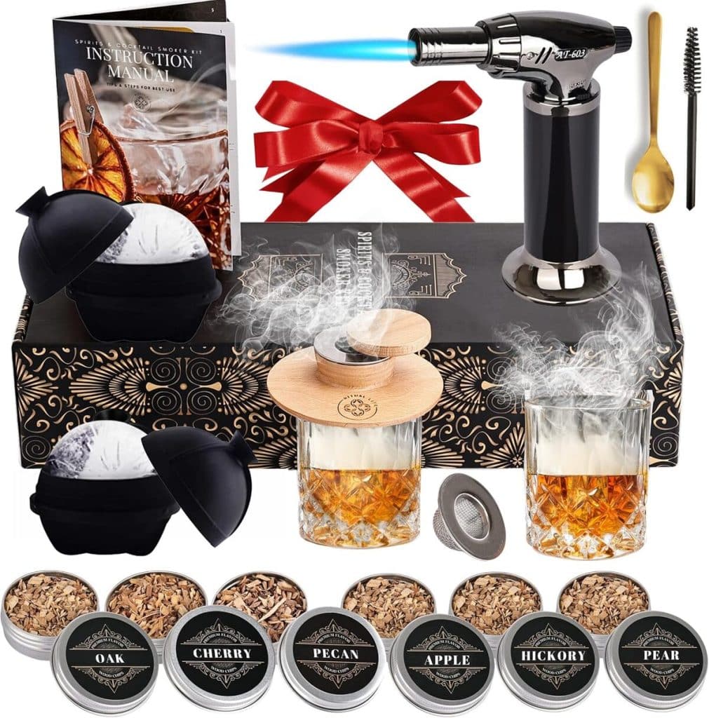 Kit Fumoir à Whisky électrique Rechargeable - 10 Copeaux De Bois + 2 Verres En Bois + Glaçons Acier - Pour Cocktails, Fromage, Café - 6