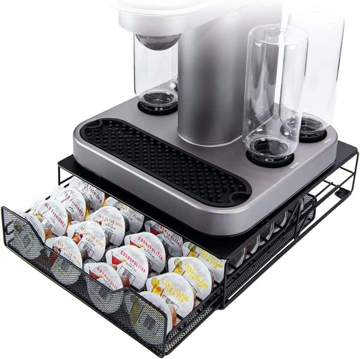 Suli Organisateur de capsules porte-dosettes pour dosettes, organiseur de rangement pour capsules de café, étagère de rangement avec tiroir, 1 niveau, 52 dosettes, noir