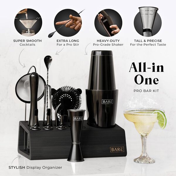 Mixology Kit de bar pour barman | Ensemble shaker à cocktail 14 pièces | Outils de mélange pour barman à domicile | Comprend 35 cartes de recettes | Coffret cadeau (shaker Boston de 800